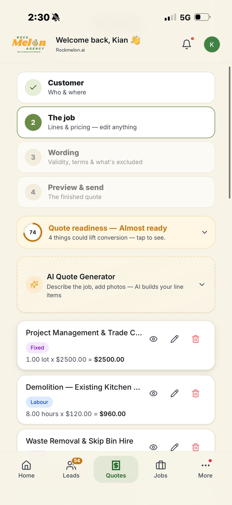 Building a quote: customer, the job, wording, preview and send, with an AI quote generator
