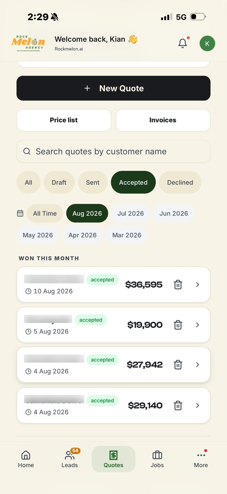 Quotes won this month, four accepted