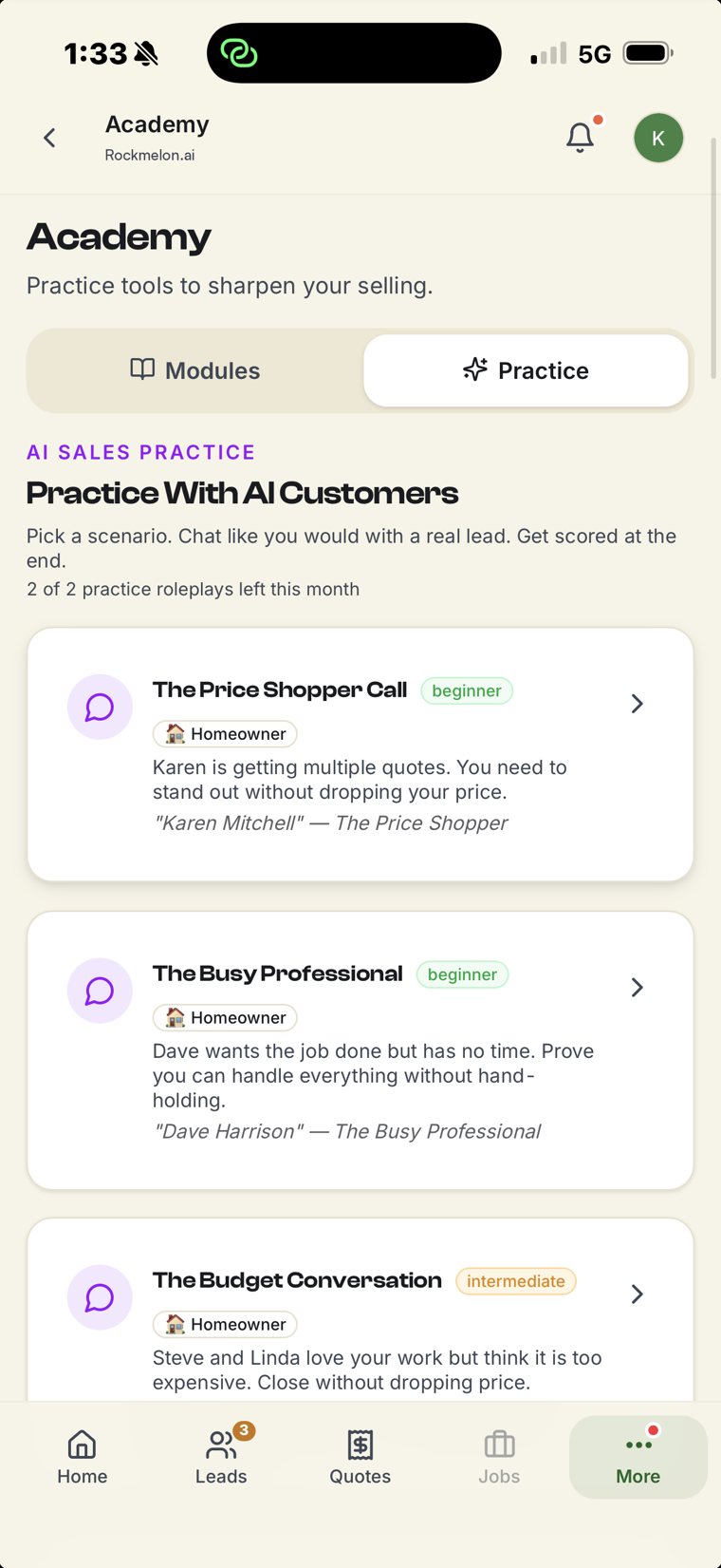 Academy: practise with AI customers, the price shopper, the busy professional, the budget conversation