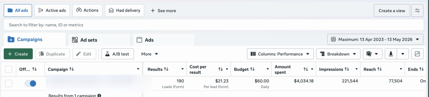 Meta Ads Manager results, arborist campaign
