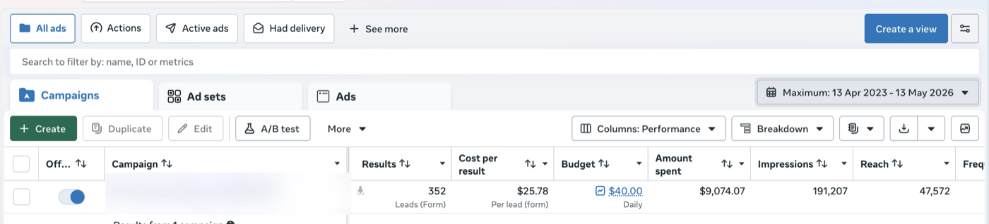 Meta Ads Manager results, tiling campaign