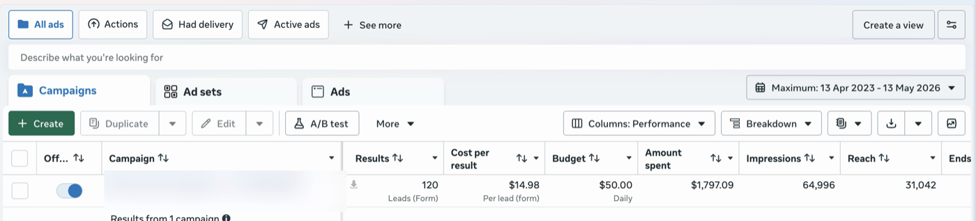 Meta Ads Manager results, building projects campaign